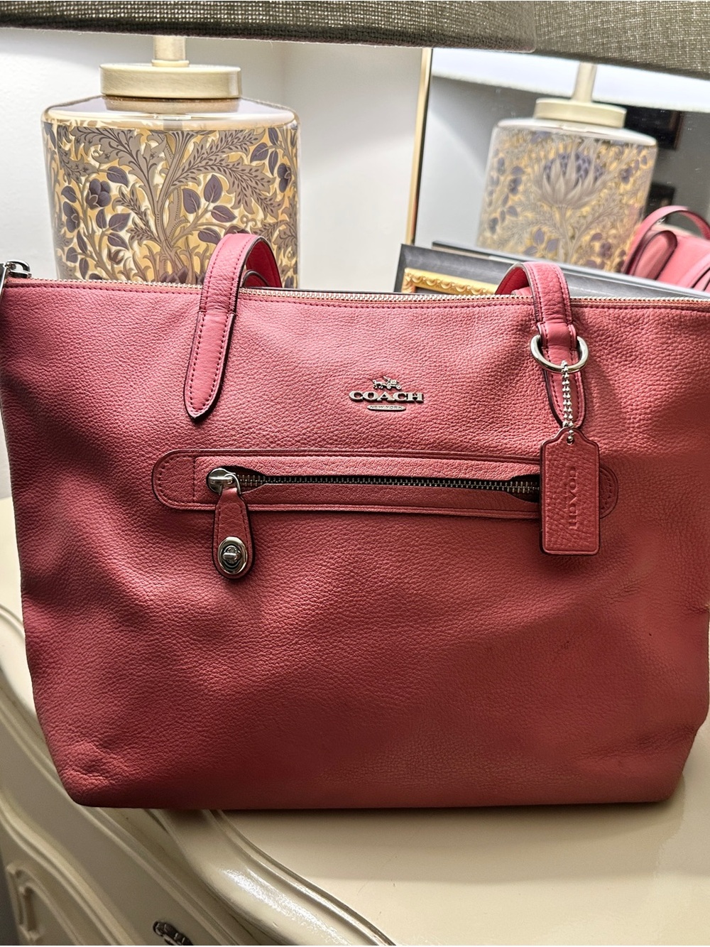 Coach Pink Leather Tote Bag with Front Zip Pocket
